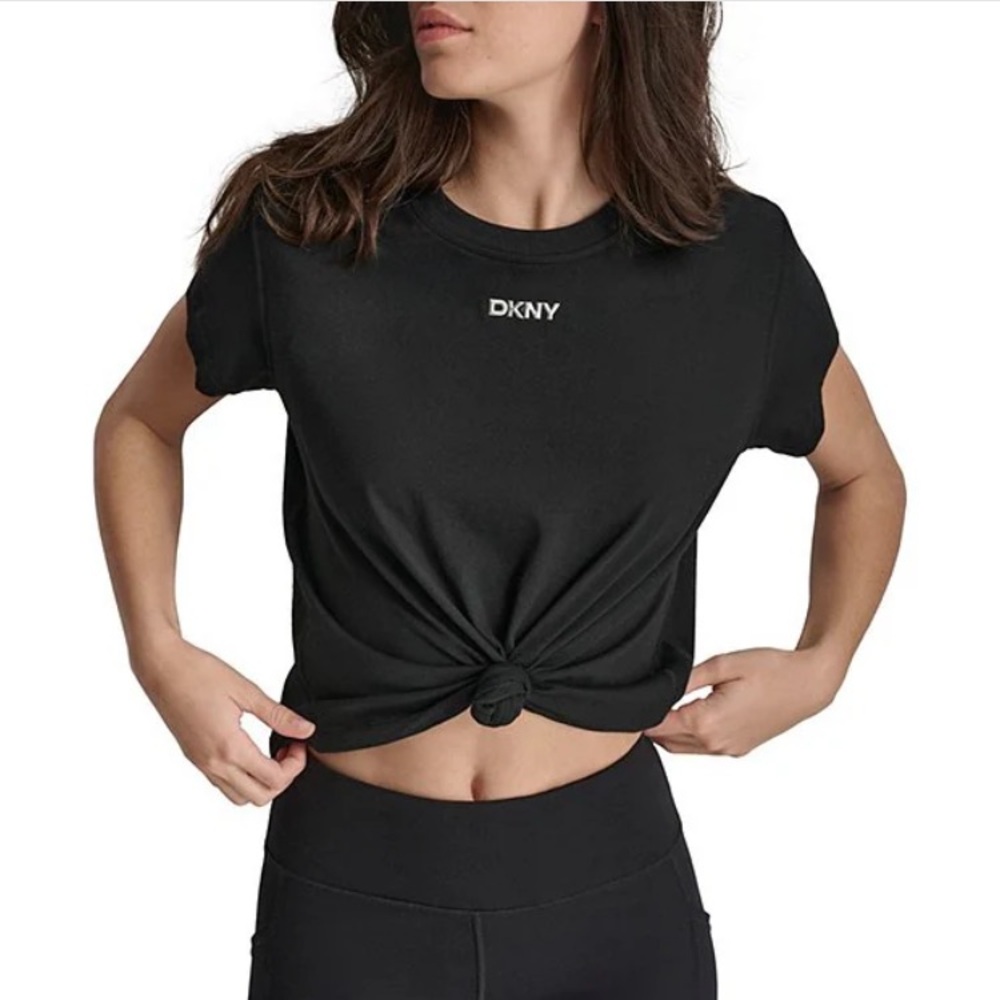 DKNY Black Short Sleeve Tie Knot Front Waist T Tee Shirt Top NEW M